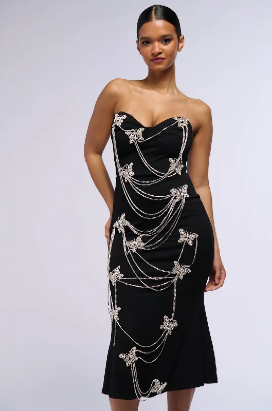 FLY AWAY BUTTERFLY EMBELLISHED MIDI DRESS