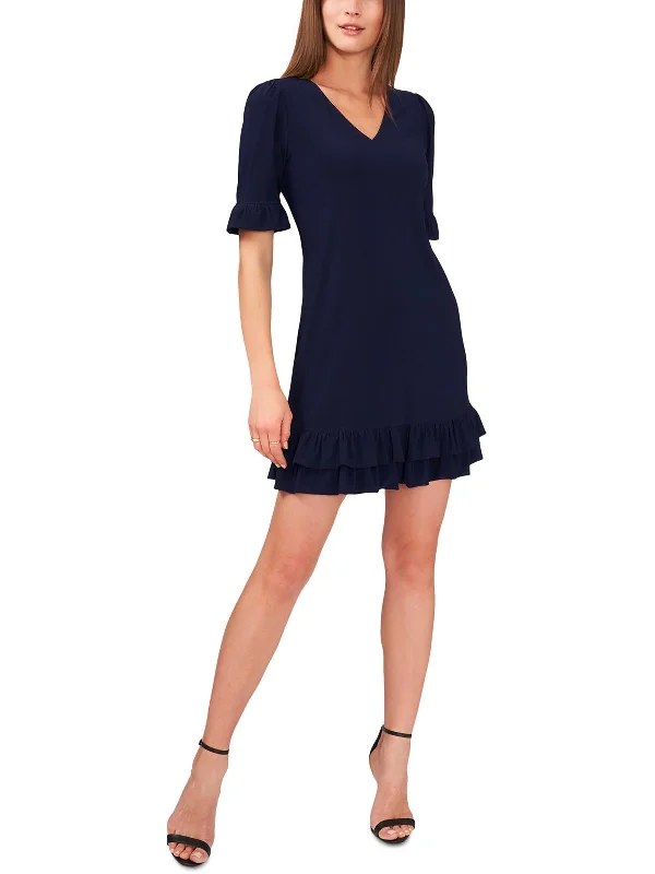 Petites Womens Ruffle Mini Shift Dress