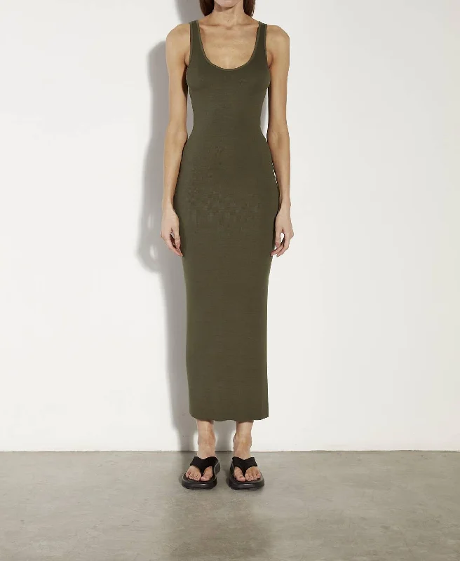 Stretch Silk Knit Maxi Tank Dress In Dark Olive