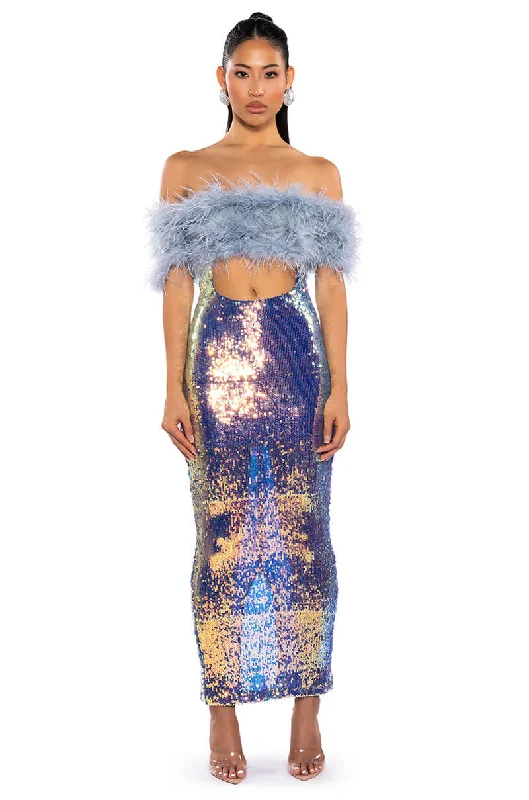 TOP TIER FEATHER DETAIL SEQUIN MAXI DRESS