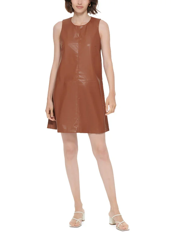 Womens Faux Leather Mini Shift Dress