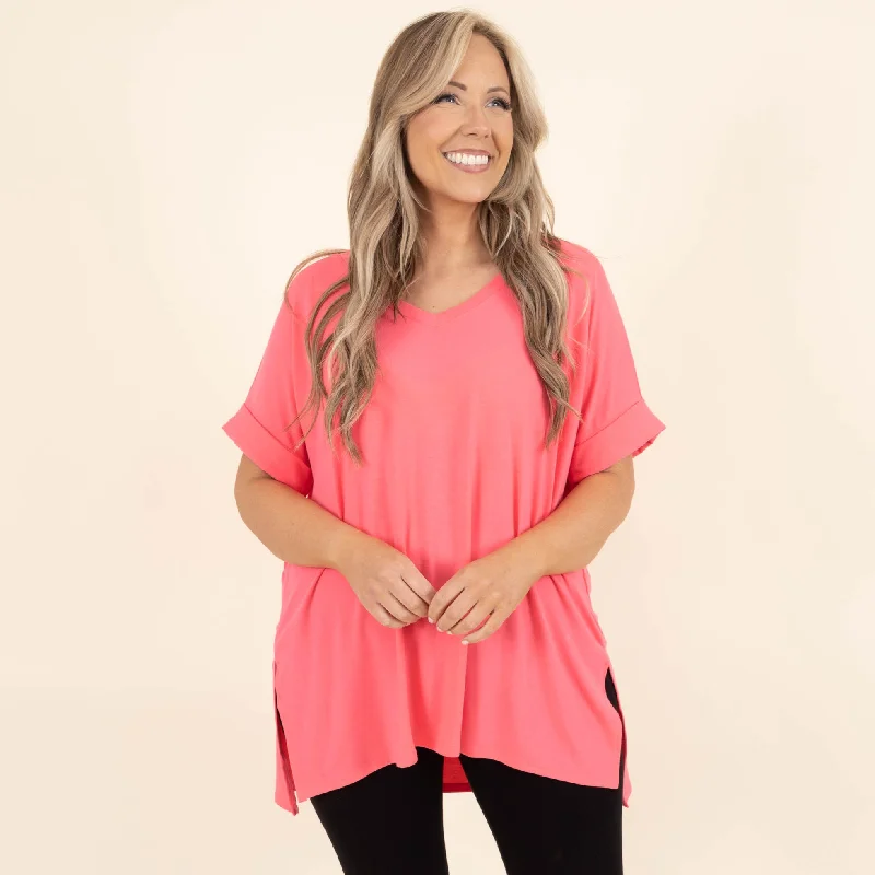 Comfy Travels Top, Neon Coral Fuchsia