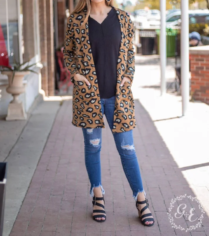 Fireplace Chillin Sweater Cardigan With Pockets In Leopard