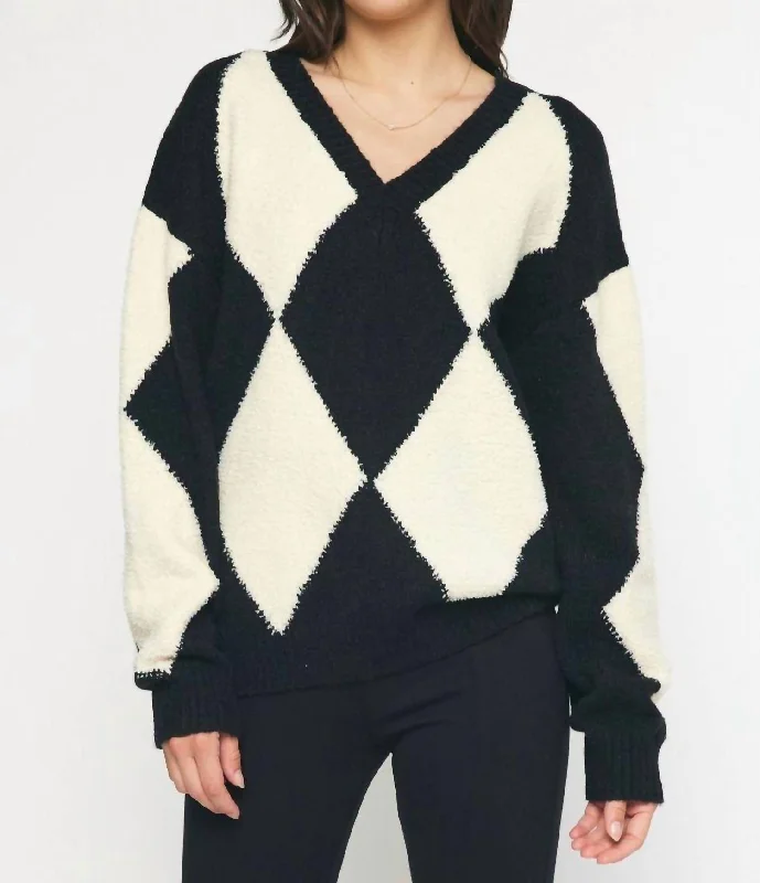 Fuzzy Argyle Sweater In Black