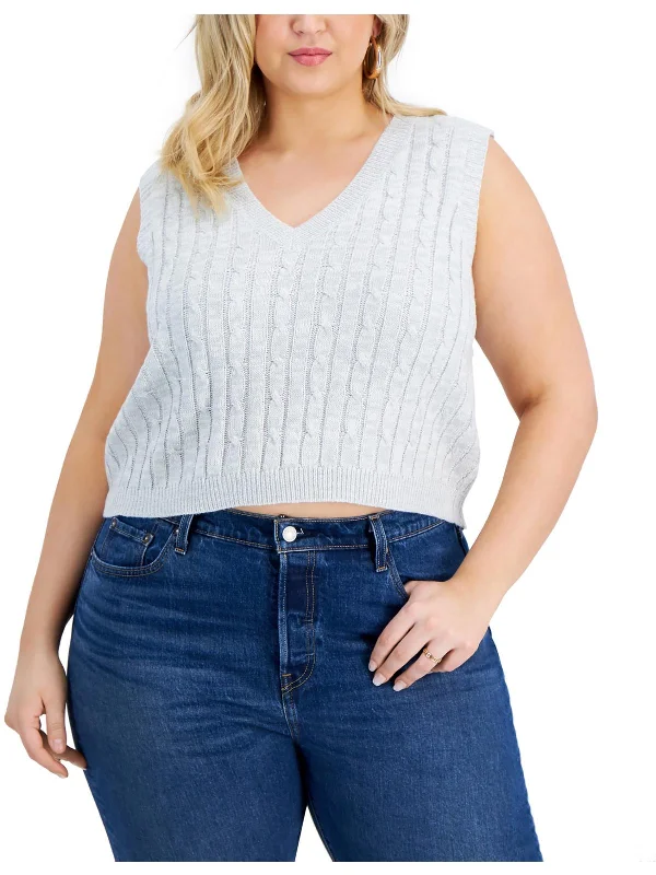 Plus Womens Cable Knit V-Neck Crop Sweater