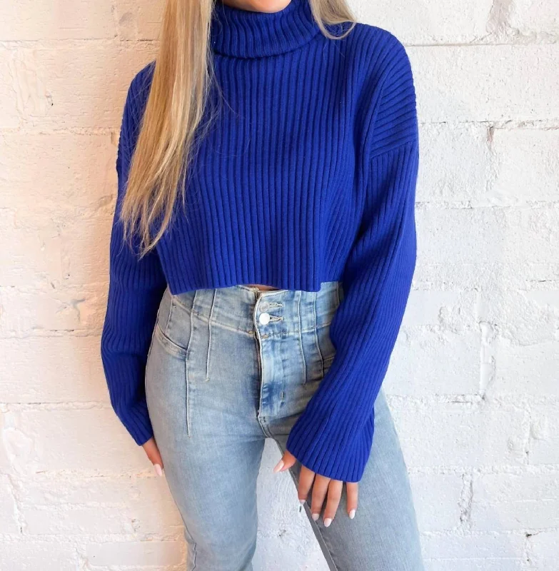 Toasty Babe Turtleneck Crop Sweater In Blue