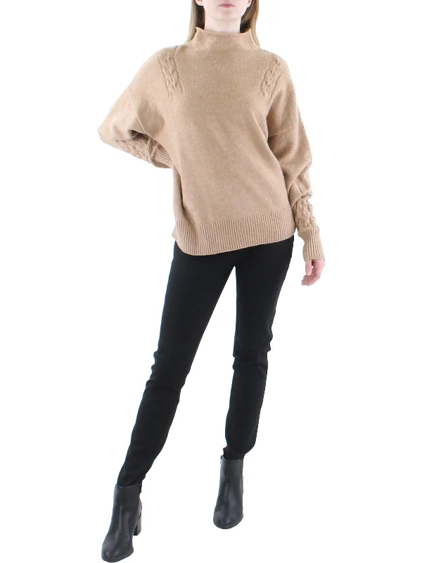 Womens Cable Knit Shoulders Funnel Neck Pullover Sweater