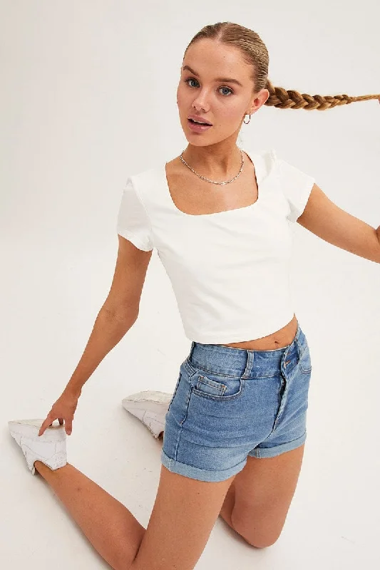 White T Shirt Short Sleeve Crop Cotton