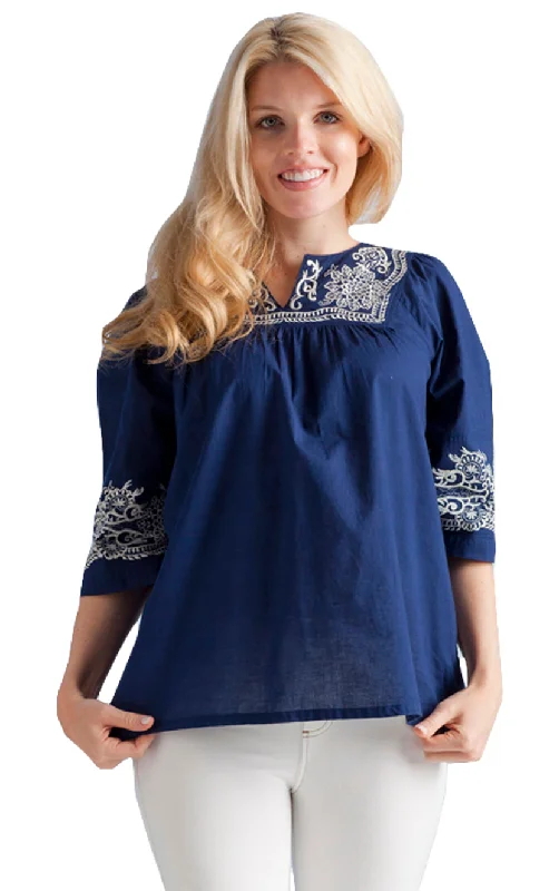 Navy Embroidered Yoke Top